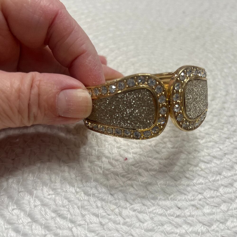 GOLD Plated Sparkling CRYSTAL Holiday Party SILVER SPECKS Hinged Bracelet #180E